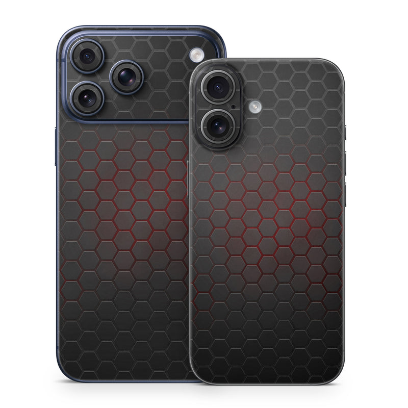 iPhone 17 Series Skin design of Black, Pattern, Metal, Design, Mesh, Carbon, Space, Wallpaper, with black, red colors