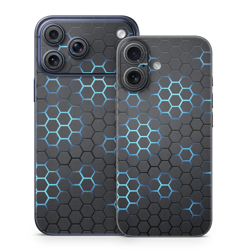 iPhone 17 Series Skin design of Pattern, Water, Design, Circle, Metal, Mesh, Sphere, Symmetry, with black, gray, blue colors