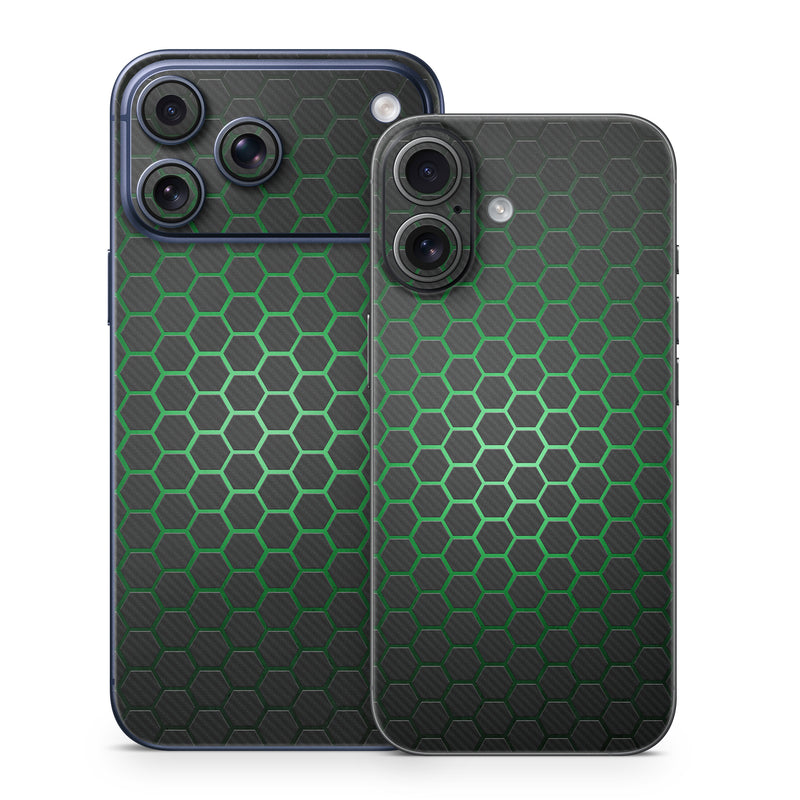 iPhone 17 Series Skin design of Pattern, Metal, Design, Carbon, Space, Circle, with black, gray, green colors