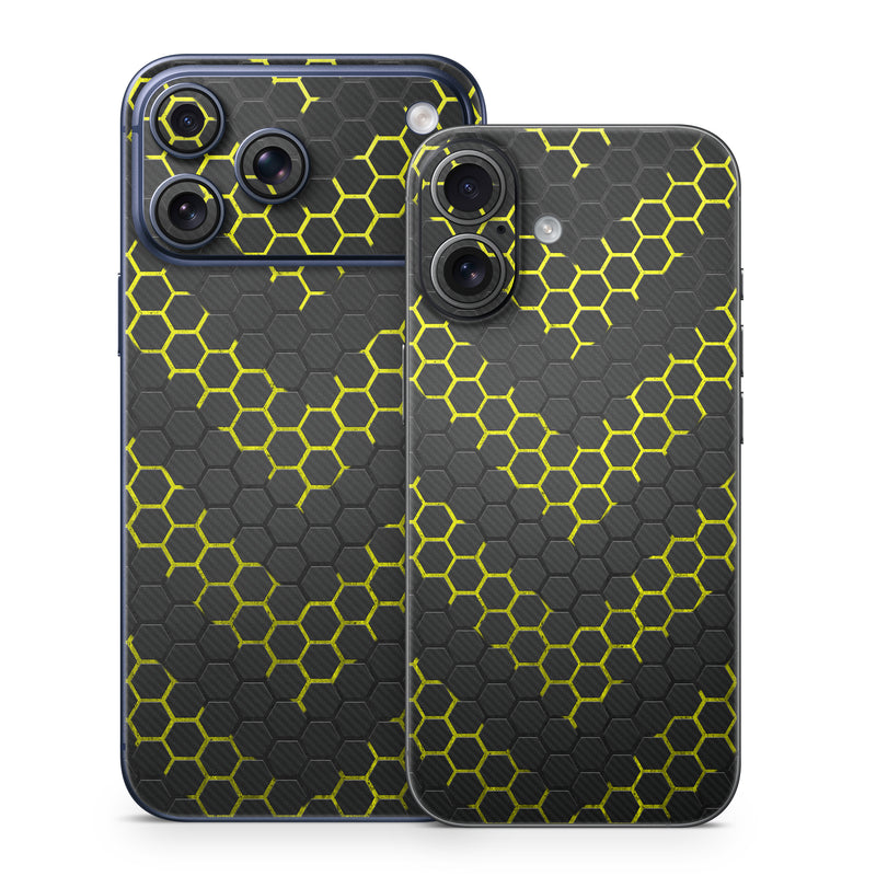 iPhone 17 Series Skin design of Black, Pattern, Yellow, Mesh, Net, Chain-link fencing, Design, Metal, with black, gray, yellow colors