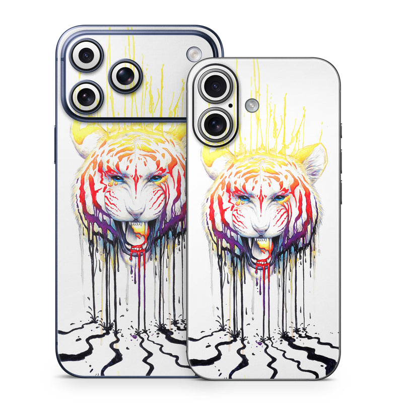 iPhone 17 Series Skin design of Jaw, Roar, Organism, Gesture, Art, Font, Felidae, Painting, Illustration, Drawing, with white, black, yellow, red, orange, purple colors