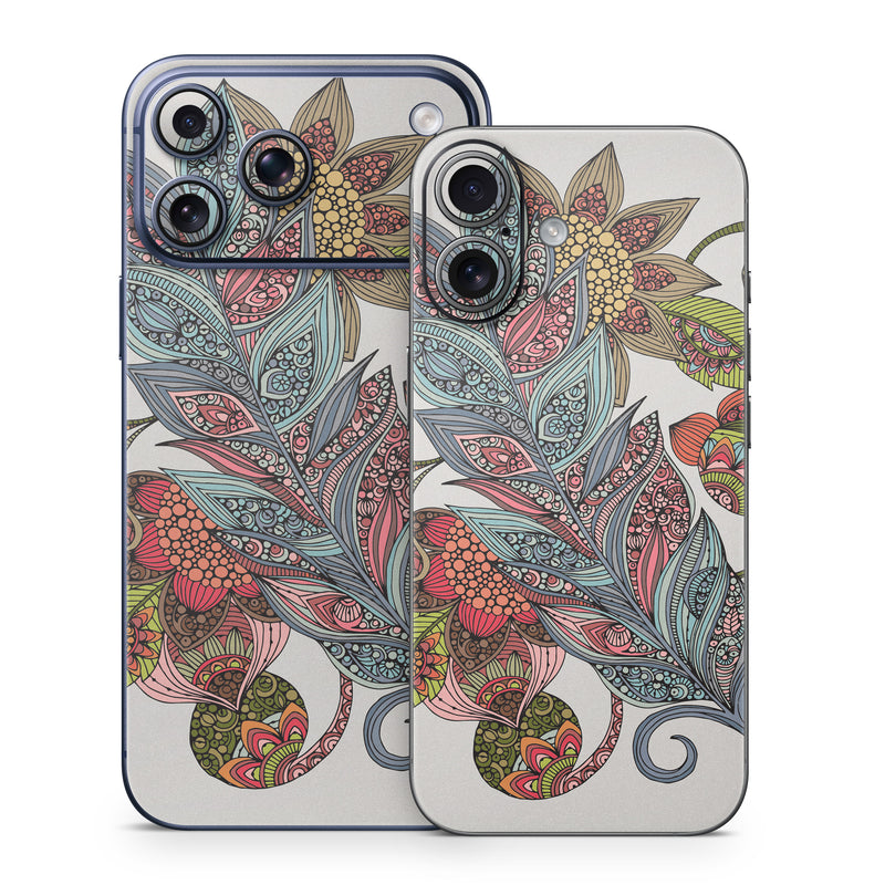 iPhone 17 Series Skin design of Botany, Plant, Leaf, Pattern, Flower, Illustration, Design, Motif, Protea family, Flowering plant, with green, blue, pink, red, yellow, orange, gray, brown colors