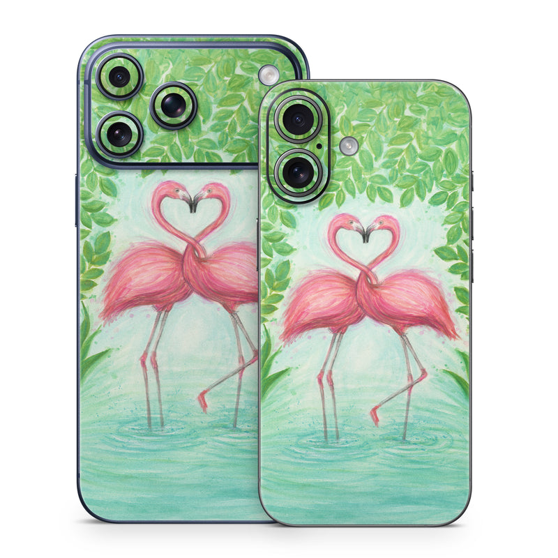 iPhone 17 Series Skin design of Flamingo, Greater flamingo, Bird, Water bird, Pink, Illustration, Watercolor paint, Organism, Drawing, Stork, with pink, blue, green colors