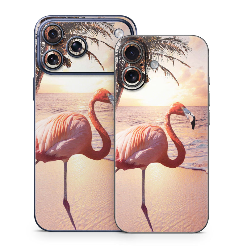 iPhone 17 Series Skin design of Flamingo, Greater flamingo, Bird, Water bird, Pink, Wildlife, Sky, Tree, Organism, Beak, with pink, blue, green, yellow, white, orange, black colors
