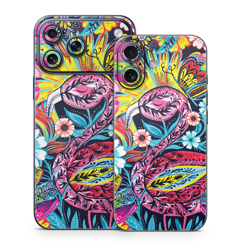 iPhone 17 Series Skin design of Psychedelic art, Pattern, Visual arts, Art, Design, Textile, Illustration, Plant, Graphic design, Drawing, with pink, yellow, black, blue, white colors