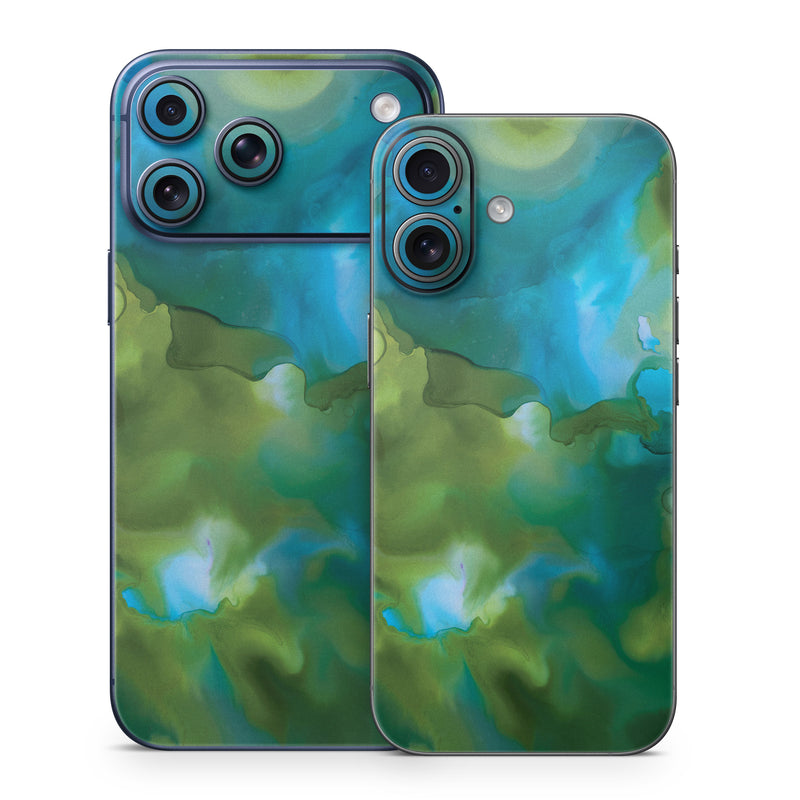 iPhone 17 Series Skin design of Aqua, Blue, Green, Painting, Turquoise, Teal, Water, Acrylic paint, Art, Organism, with blue, green colors