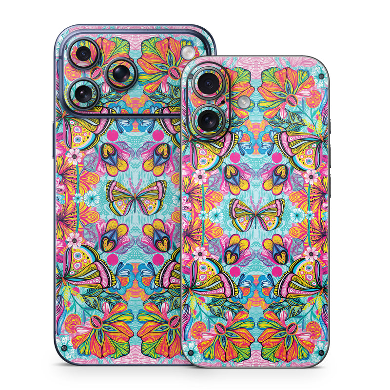 iPhone 17 Series Skin design of Pattern, Design, Textile, Psychedelic art, Visual arts, Symmetry, Art, Motif, with blue, pink, green, yellow, orange, purple colors
