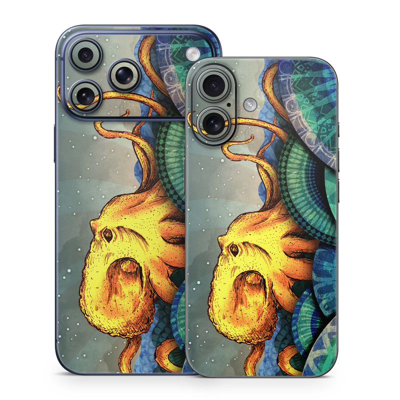 iPhone 17 Series Skin design of Illustration, Fractal art, Art, Cg artwork, Sky, Organism, Psychedelic art, Graphic design, Graphics, Octopus, with black, gray, blue, green, red colors