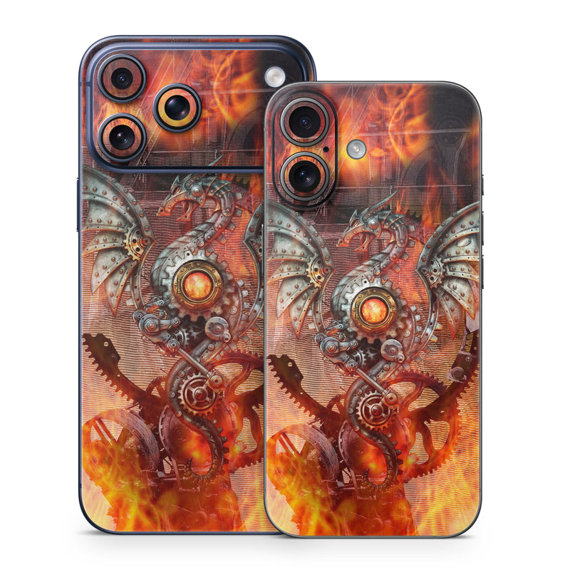 iPhone 17 Series Skin design of Dragon, Demon, Cg artwork, Illustration, Fictional character, Fractal art, Flame, Art, Mythology, Supernatural creature, with red, black, orange, pink, green colors