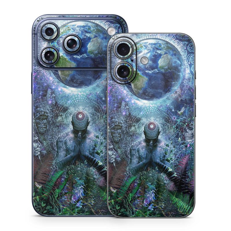 iPhone 17 Series Skin design of Psychedelic art, Fractal art, Art, Space, Organism, Earth, Sphere, Graphic design, Circle, Graphics, with blue, green, gray, purple, pink, black, white colors