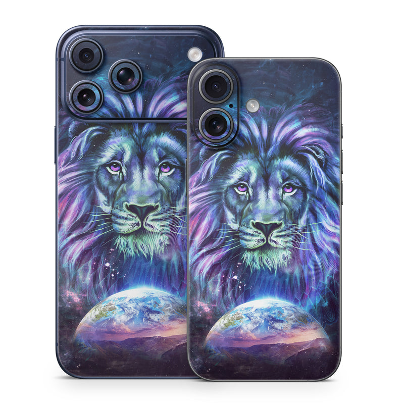 iPhone 17 Series Skin design of Lion, Felidae, Purple, Wildlife, Big cats, Illustration, Darkness, Space, Painting, Art, with purple, blue, green, black, white, red colors