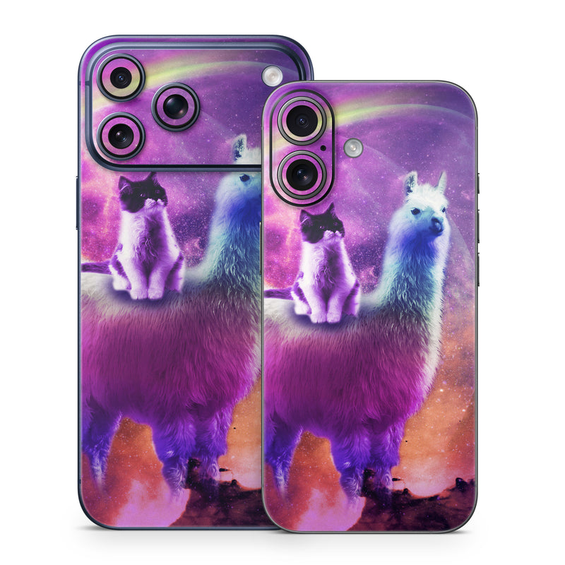 iPhone 17 Series Skin design of Llama, Purple, Camelid, Alpaca, Sky, Livestock, Space, with purple, white, blue, pink, yellow, black colors