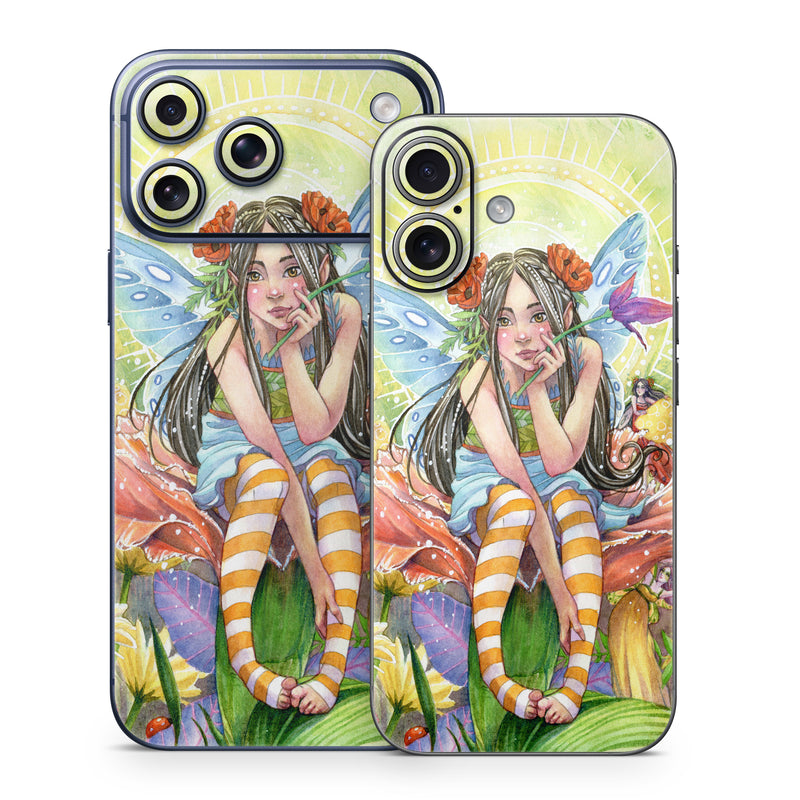iPhone 17 Series Skin design of Fictional character, Illustration, Art, Plant, Painting, Wildflower, Mythical creature, with gray, green, black, yellow, red colors