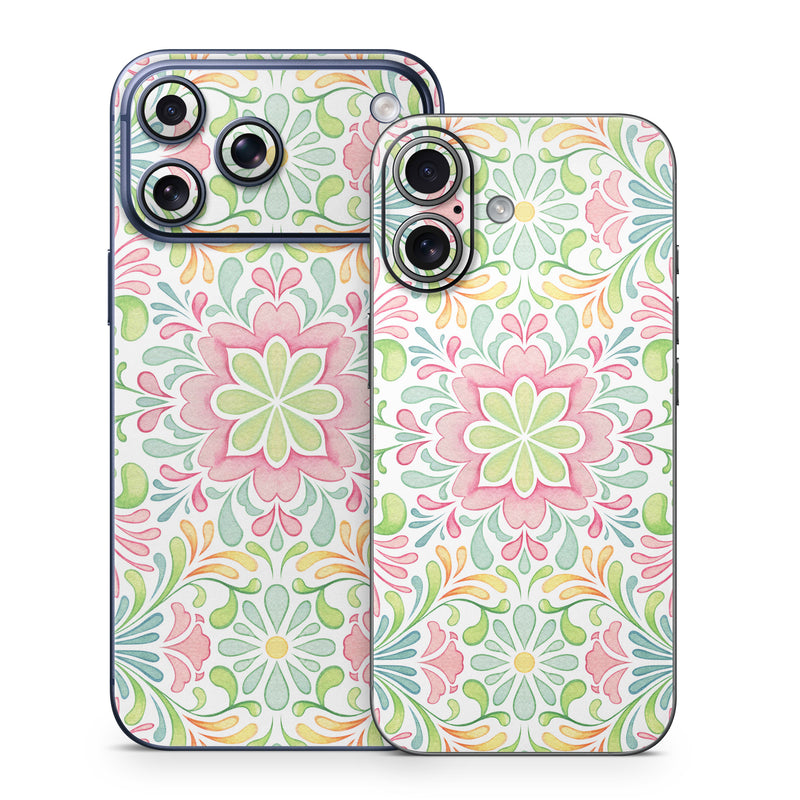 iPhone 17 Series Skin design of Pattern, Pink, Visual arts, Design, Textile, Wrapping paper, Symmetry, Floral design, Motif, with gray, white, pink, green colors