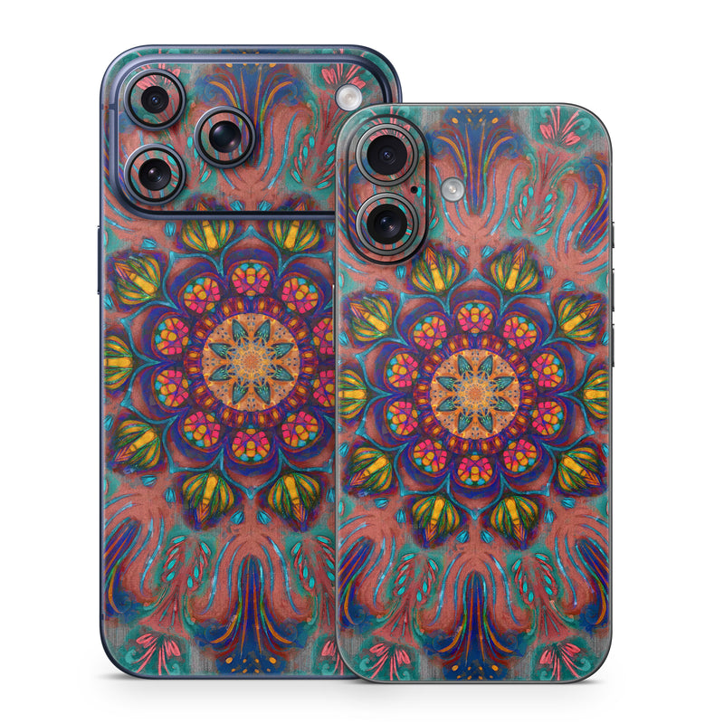 iPhone 17 Series Skin design of Psychedelic art, Pattern, Art, Textile, Symmetry, Visual arts, Design, Fractal art, Kaleidoscope, Tapestry, with blue, yellow, red, green, pink, green colors