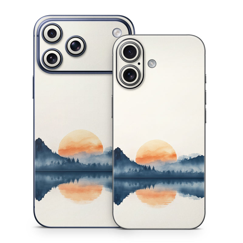 iPhone 17 Series Skin design of Water, Water resources, Sky, Mountain, Natural landscape, Lake, Atmospheric phenomenon, Landscape, Horizon, Afterglow, with black, blue, white, gray, yellow, orange, red colors