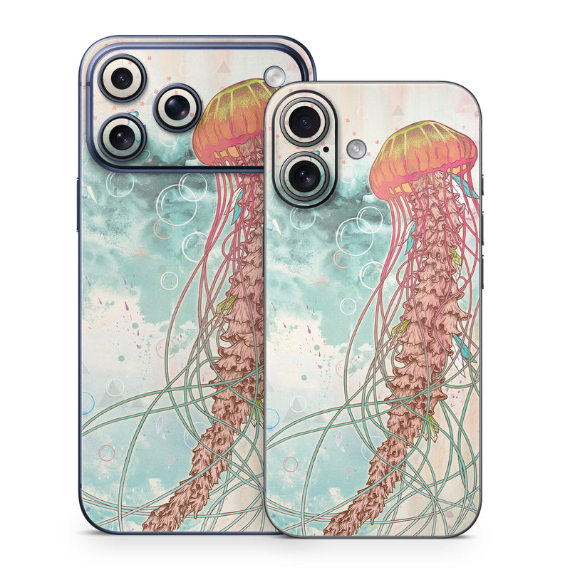 iPhone 17 Series Skin design of Jellyfish, Illustration, Water, Cnidaria, Marine invertebrates, Organism, Portuguese man o' war, Art, Nepenthes, Invertebrate, with gray, pink, yellow, red, green colors