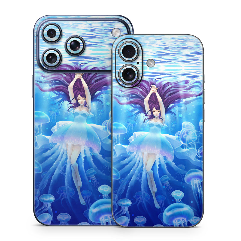 iPhone 17 Series Skin design of Jellyfish, Cnidaria, Organism, Marine biology, Marine invertebrates, Water, Bioluminescence, Illustration, Electric blue, Fictional character, with blue, purple, gray colors