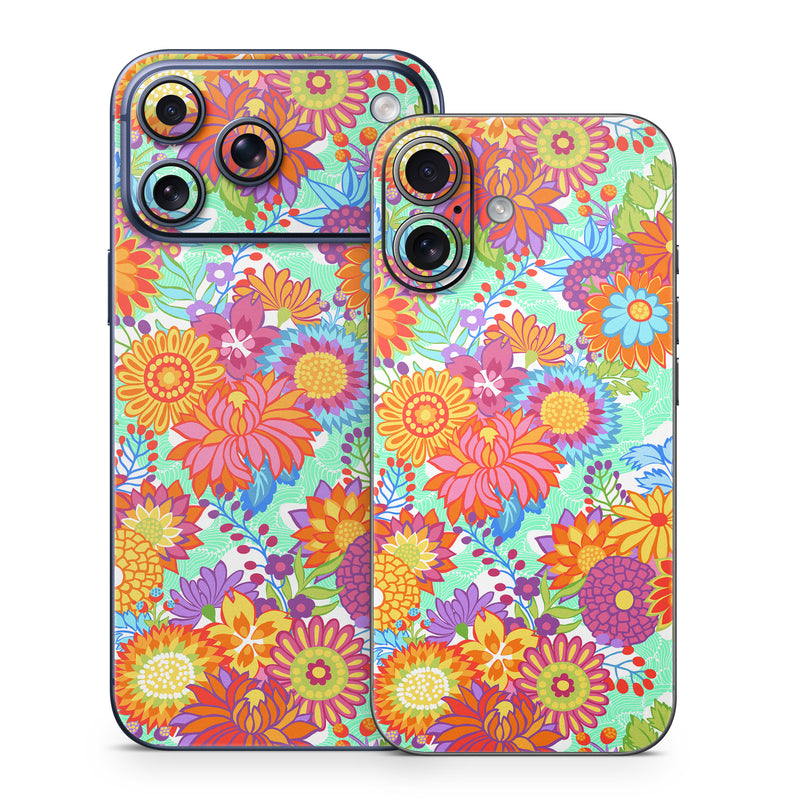 iPhone 17 Series Skin design of Pattern, Floral design, Orange, Flower, Design, Textile, Plant, Wildflower, Wrapping paper, Visual arts, with gray, orange, green, purple colors