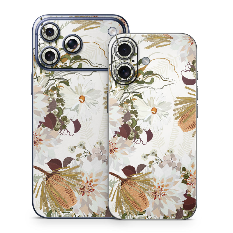 iPhone 17 Series Skin design of Flower, Botany, Plant, Floral design, Wildflower, Pattern, Wallpaper, Textile, Petal, Butterfly, with white, brown, green, gray colors