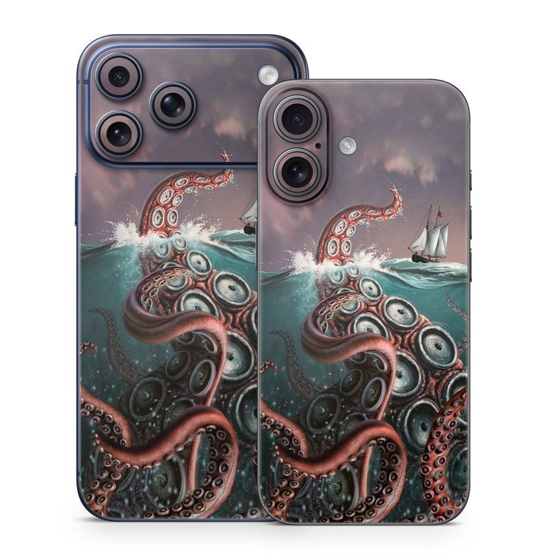 iPhone 17 Series Skin design of Octopus, Water, Illustration, Wind wave, Sky, Graphic design, Organism, Cephalopod, Cg artwork, giant pacific octopus, with blue, gray, white, brown, red colors