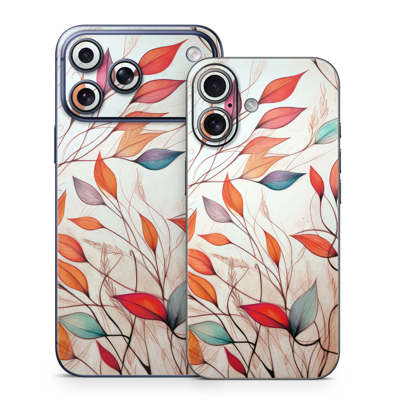iPhone 17 Series Skin design of Plant, Vertebrate, Art paint, Nature, Botany, Leaf, Branch, Twig, Textile, Orange, with yellow, orange, red, white, brown, blue colors