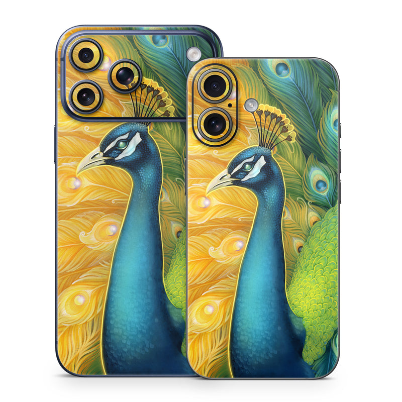 iPhone 17 Series Skin design of Bird, Peafowl, Phasianidae, Beak, Organism, Art paint, Galliformes, Art, Feather, Painting, with yellow, orange, green, blue, white, black colors