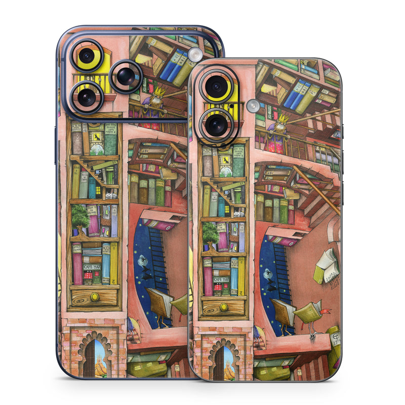 iPhone 17 Series Skin design of Cartoon, Building, Art, Architecture, Design, Fun, Retail, Illustration, Neighbourhood, Room, with pink, yellow, blue, red, orange, brown colors