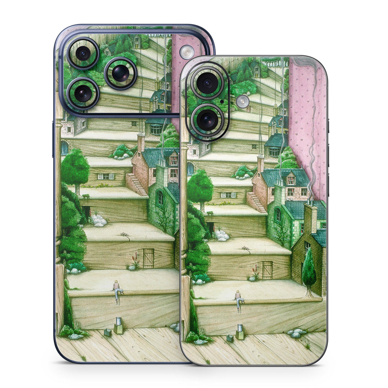 iPhone 17 Series Skin design of Green, Stairs, House, Watercolor paint, Home, Illustration, Building, Wood, Plant, Sketch, with pink, green, brown colors