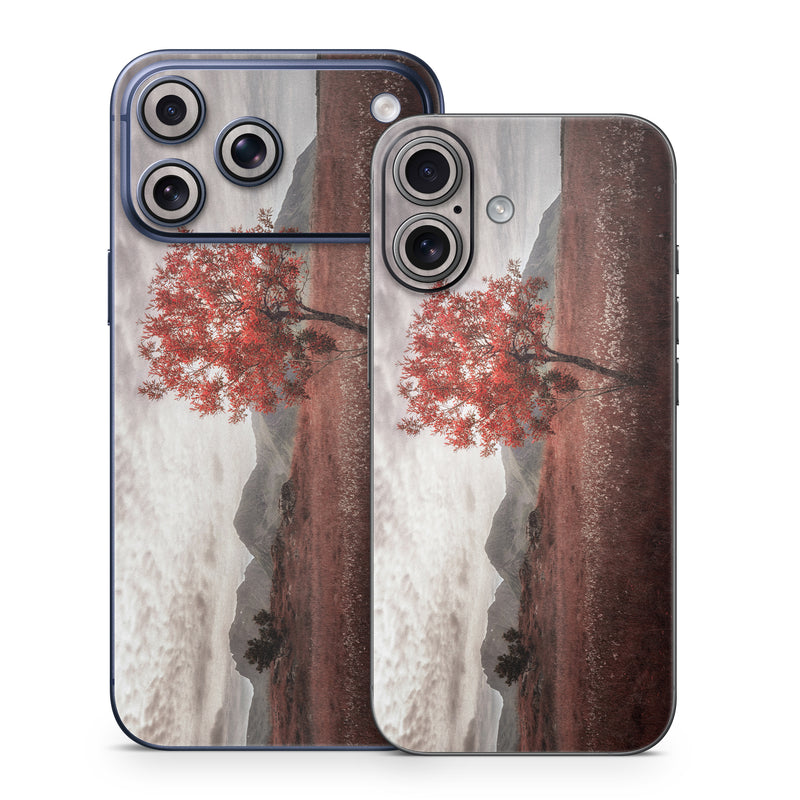 iPhone 17 Series Skin design of Natural landscape, Nature, Tree, Sky, Red, Natural environment, Atmospheric phenomenon, Leaf, Cloud, Woody plant, with black, gray, red colors