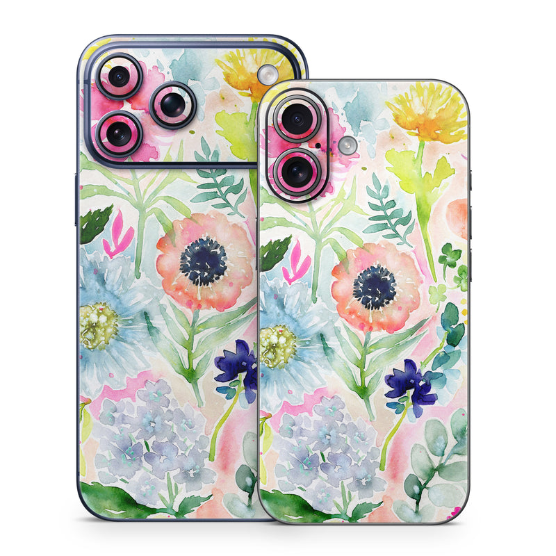 iPhone 17 Series Skin design of Flower, Watercolor paint, Plant, Flowering plant, Pattern, Floral design, Botany, Petal, Wildflower, Design, with green, pink, yellow, orange, blue, red, purple colors