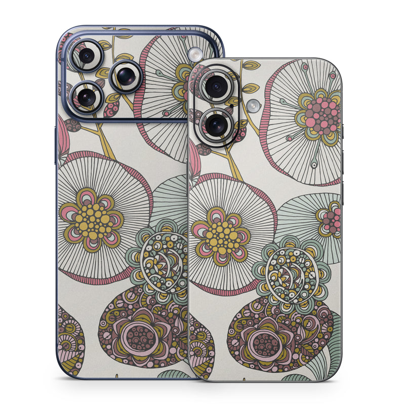 iPhone 17 Series Skin design of Pattern, Textile, Botany, Visual arts, Motif, Design, Needlework, Circle, Floral design, with gray, pink, green, blue, purple colors