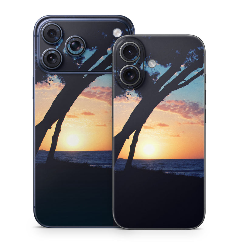 iPhone 17 Series Skin design of Sky, Horizon, Nature, Tree, Sunset, Sunrise, Ocean, Sea, Natural landscape, Afterglow, with black, gray, blue, green, red, pink colors