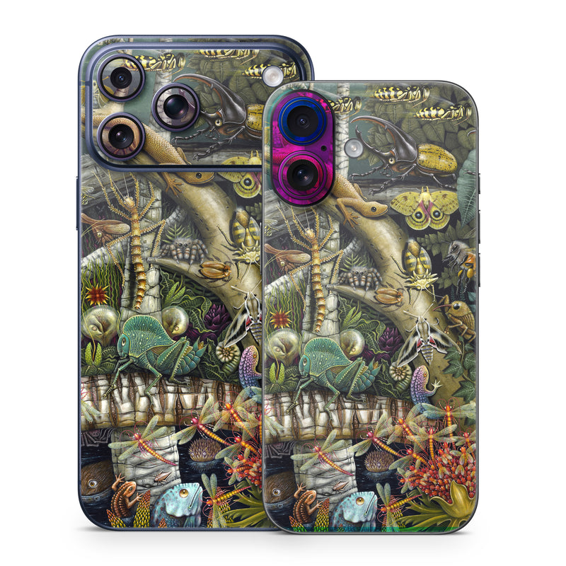 iPhone 17 Series Skin design of Strategy video game, Mythology, Art, Games, Plant, Painting, Adventure game, Jungle, Fictional character, Nepenthes, with green, brown, red, yellow, gray, blue, white colors