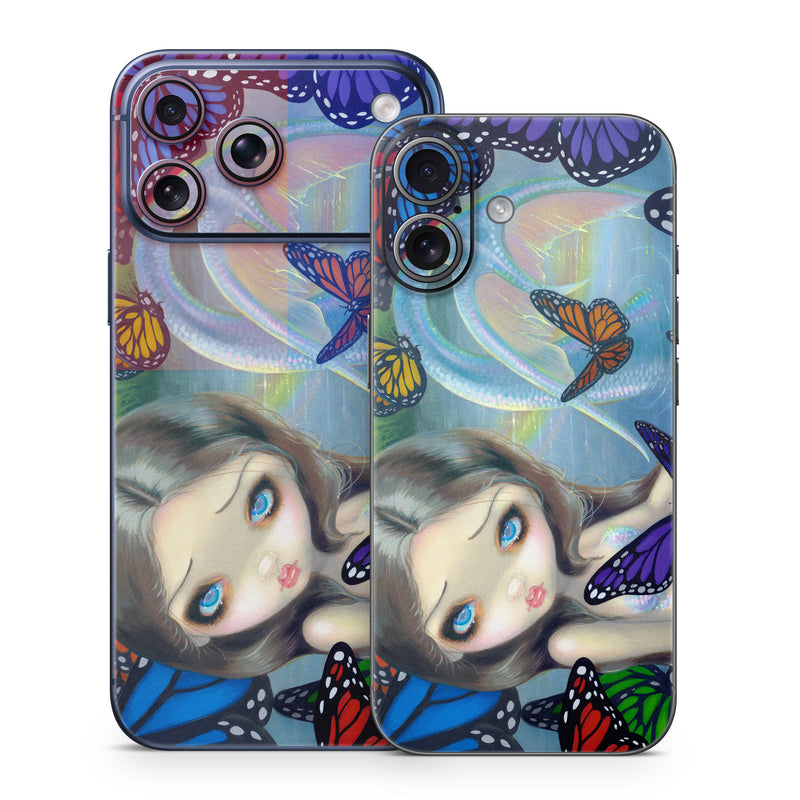 iPhone 17 Series Skin design of Butterfly, Insect, Monarch butterfly, Moths and butterflies, Cynthia (subgenus), Invertebrate, Pollinator, Brush-footed butterfly, Organism, Art, with gray, black, blue, red, pink colors