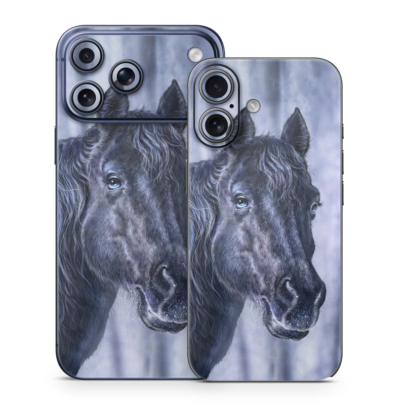 iPhone 17 Series Skin design of Horse, Mammal, Vertebrate, Hair, Mane, Stallion, Snout, Mare, Mustang horse, Livestock, with black, white, blue colors
