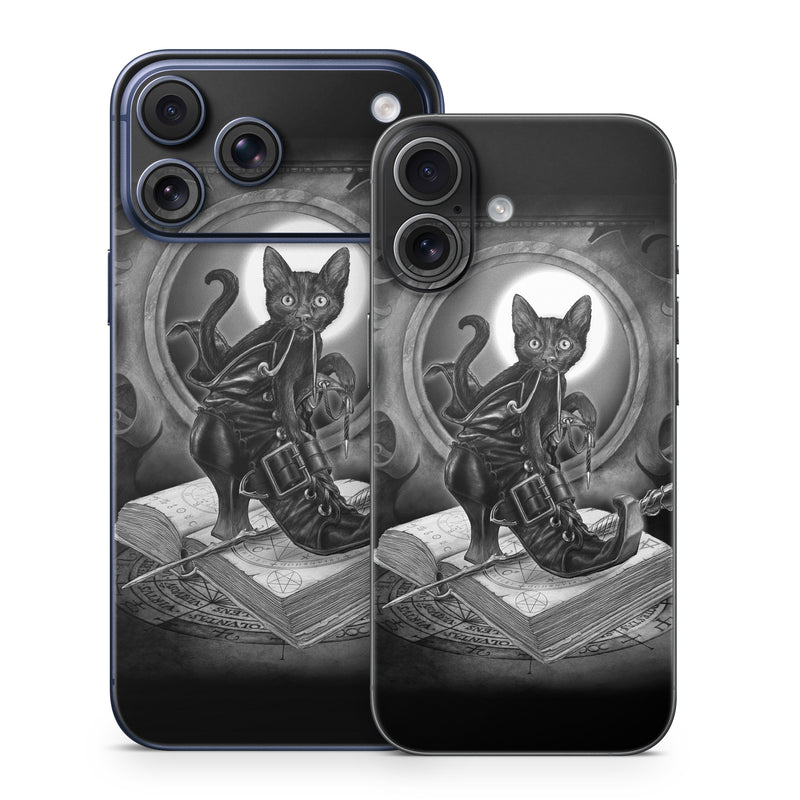 iPhone 17 Series Skin design of Cat, Boot, Book, Wand, Shoelace, Mirror, with black, white, gray colors