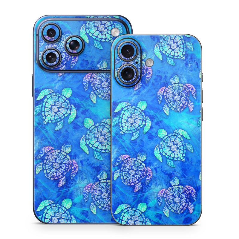 iPhone 17 Series Skin design of Blue, Pattern, Organism, Design, Sea turtle, Plant, Electric blue, Hydrangea, Flower, Symmetry, with blue, green, purple colors