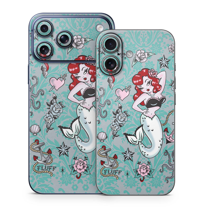 iPhone 17 Series Skin design of Mermaid, Illustration, Fictional character, Organism, Art, Pattern, Style, with gray, blue, black, red, white, pink colors