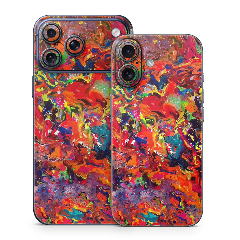iPhone 17 Series Skin design of Colorfulness, Modern art, Acrylic paint, Painting, Visual arts, Art, Psychedelic art, Textile, Pattern, Paint, with red, yellow, green, orange, yellow colors