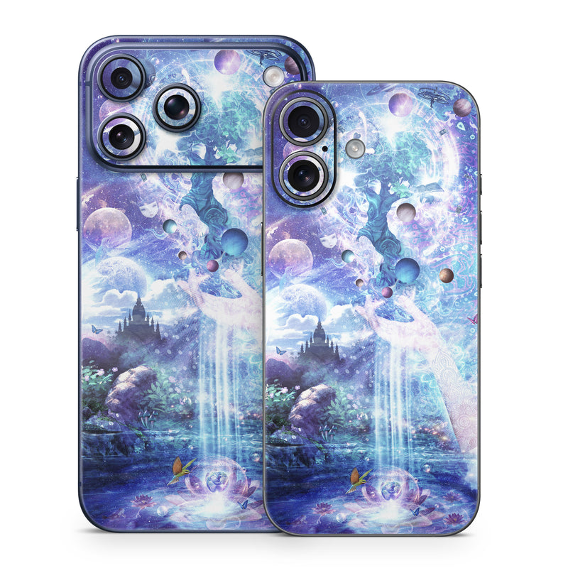 iPhone 17 Series Skin design of Bird, Butterfly, Planets, Deer, Space, Purple, World, Astronomical Object, Cg Artwork, Illustration, Universe, Painting, Fictional Character, Outer Space, Astronomy, Science, Water Feature, Graphic Design, Graphics, Star, Mythology, with blue, purple, white, black, gray, green colors