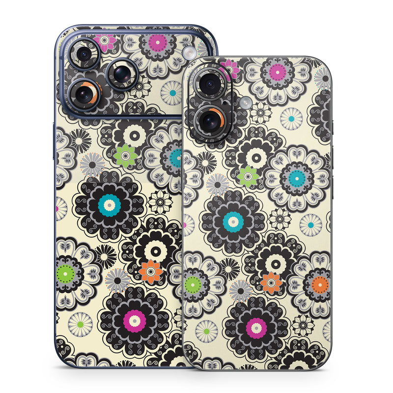 iPhone 17 Series Skin design of Pattern, Circle, Design, Visual arts, Floral design, Textile, Psychedelic art, Art, Plant, with gray, black, pink, green, purple colors