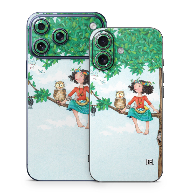 iPhone 17 Series Skin design of Cartoon, Illustration, Branch, Bird, Owl, Tree, Art, Plant, Clip art, Fictional character, with blue, gray, red, black, white, green colors