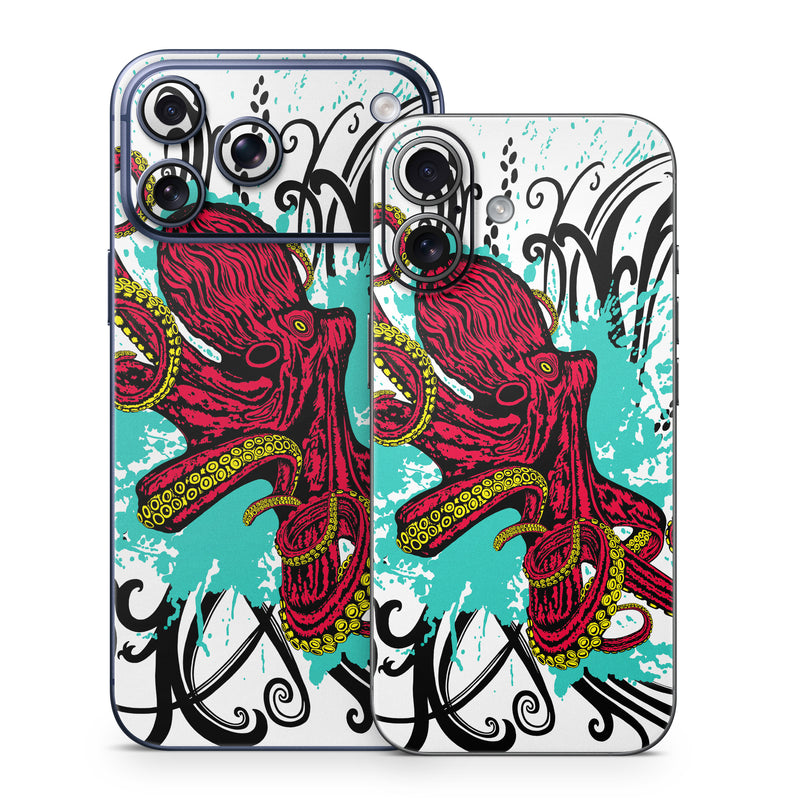 iPhone 17 Series Skin design of Graphic design, Illustration, Visual arts, Octopus, Design, Art, Fictional character, Pattern, Clip art, Line art, with black, white, gray, red, blue, green colors