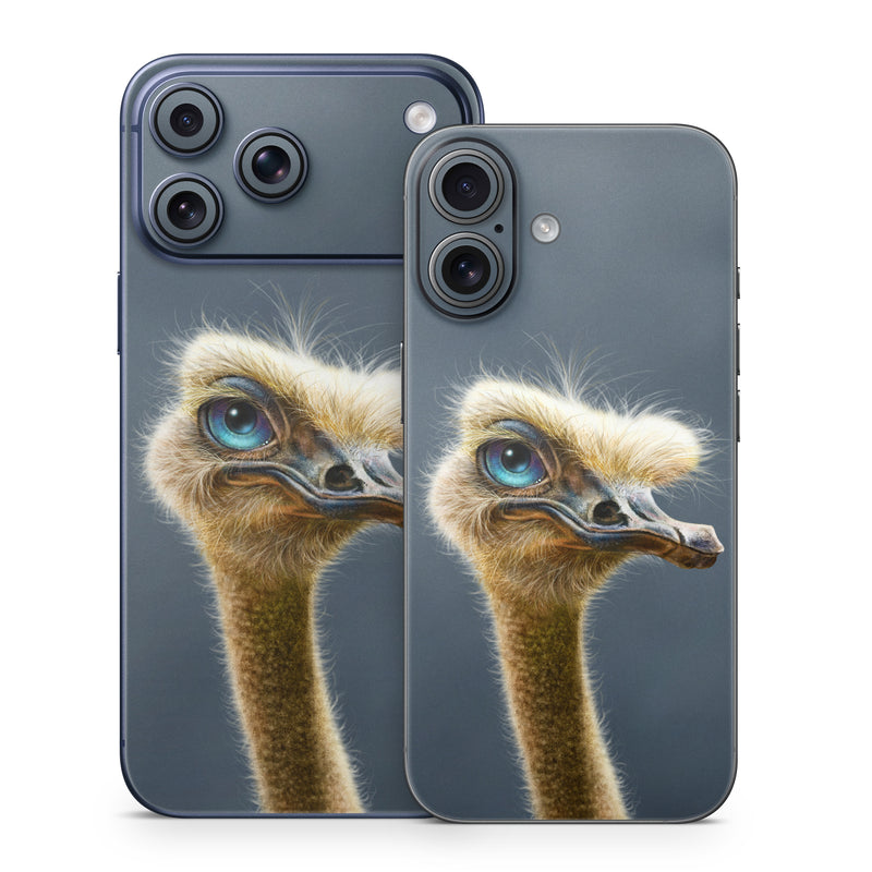iPhone 17 Series Skin design of Ostrich, Flightless bird, Ratite, Bird, Beak, Close-up, Emu, Wildlife, Organism, Terrestrial animal, with black, gray, blue, green, red colors