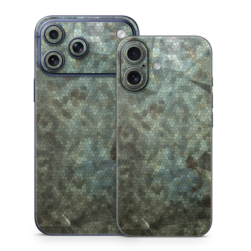 iPhone 17 Series Skin design of Green, Pattern, Brown, Wall, Design, Rock, Geology, Camouflage, Granite, Metal, with black, brown, blue, gray, white colors