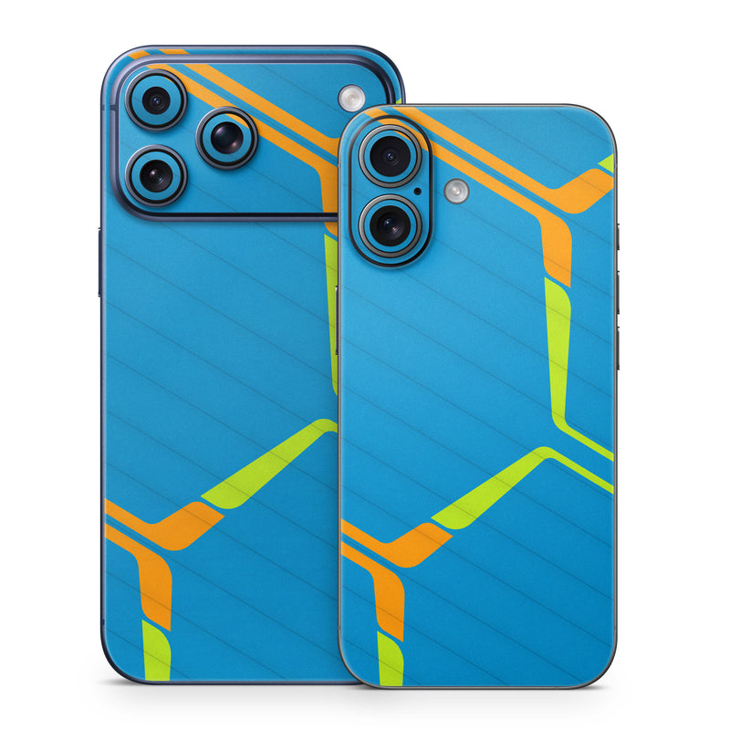 iPhone 17 Series Skin design of Azure, Triangle, Rectangle, Parallel, Electric blue, Symmetry, Font, Pattern, Circle, Sky, with blue, orange, green colors