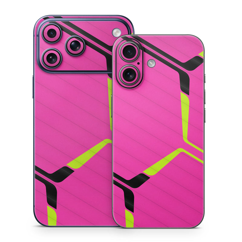iPhone 17 Series Skin design of Purple, Textile, Sleeve, Jersey, Violet, Triangle, Font, Magenta, Collar, Parallel, with pink, black, yellow colors