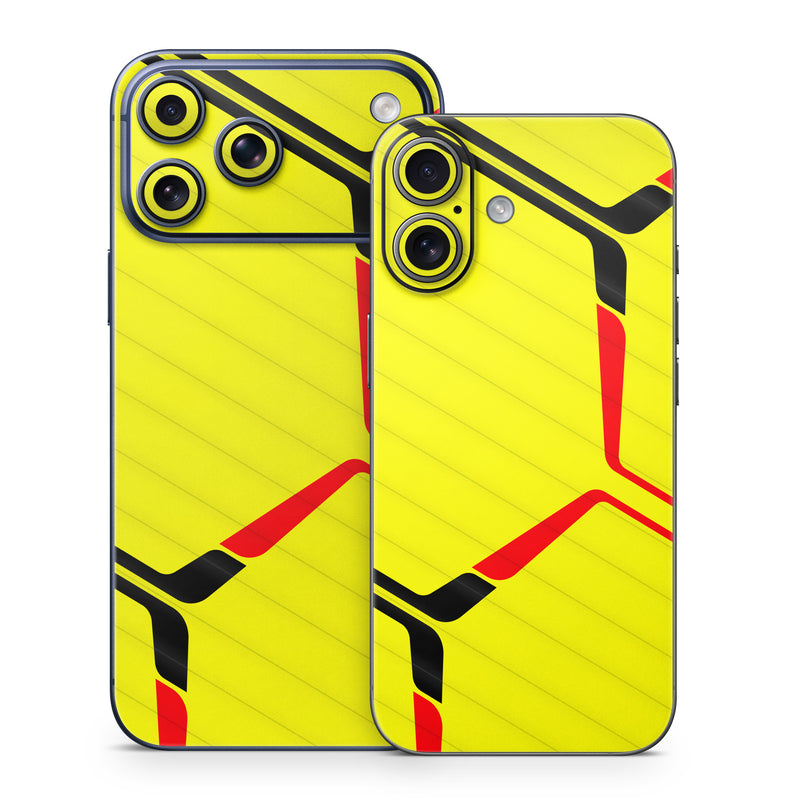 iPhone 17 Series Skin design of Rectangle, Yellow, Parallel, Font, Tints and shades, Wood, Triangle, Pattern, Graphics, Symmetry, with yellow, black, red colors