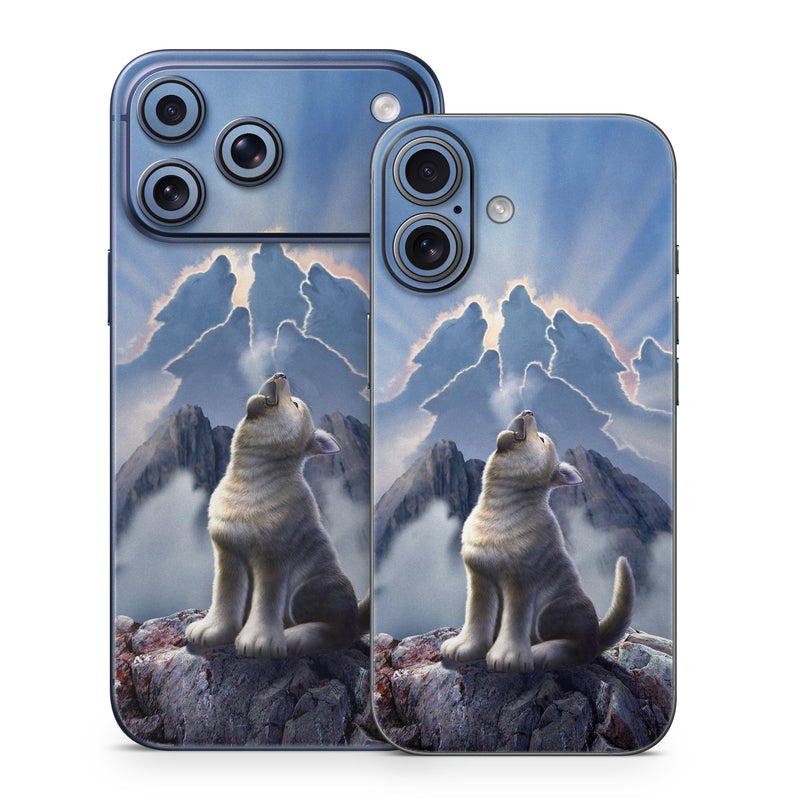 iPhone 17 Series Skin design of Sky, Cloud, Atmosphere, Rock, Wolf, Photography, Cg artwork, Illustration, Mountain, Mythology, with white, blue, gray, brown colors